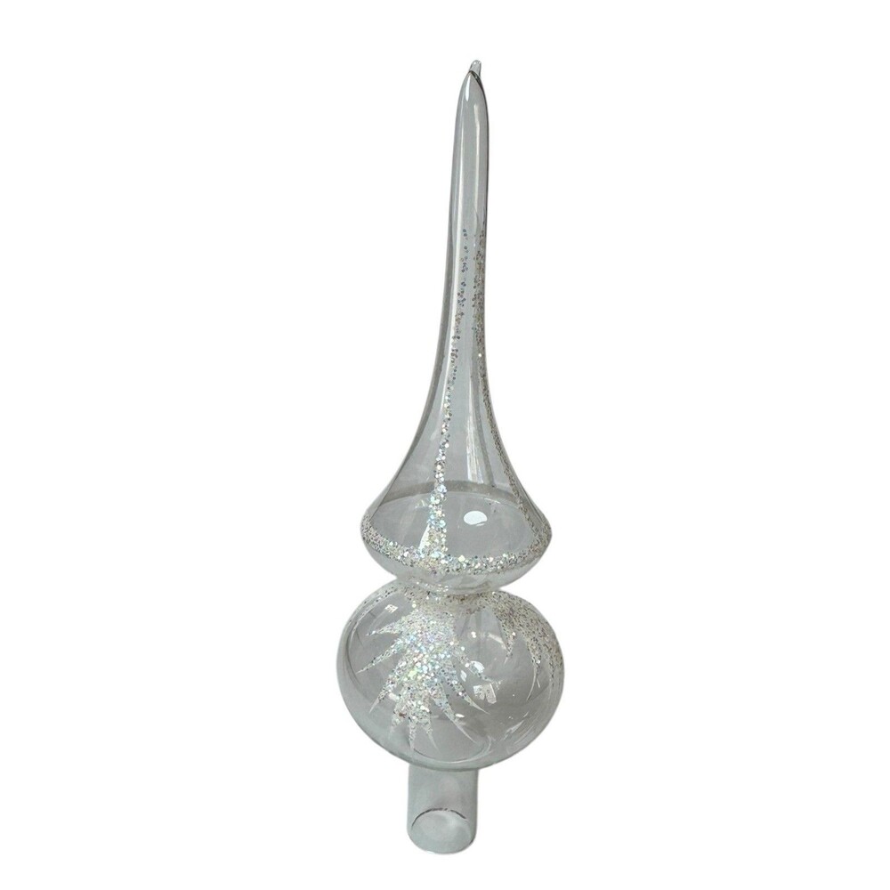 Rauch Clear Glass Christmas Tree Topper Finial Iridescent Glitter 6 Inch Vintage